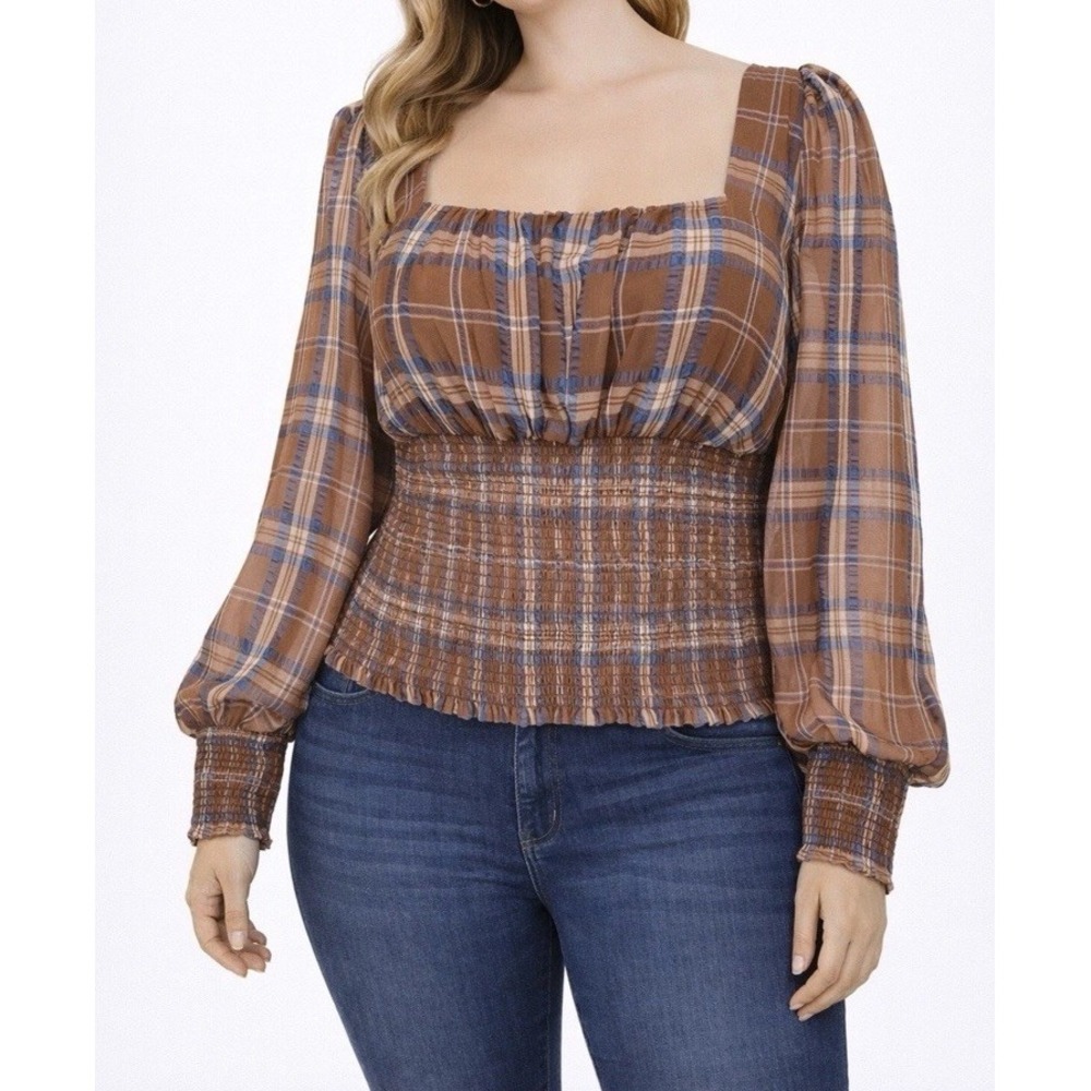 Gianni Bini Faye Plaid Smocked Square Neck Blouse Size 12 Long Sleeve Woven Fall